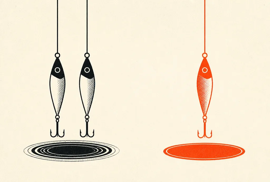 Flat editorial illustration: two identical lures over one ripple, a red-orange lure over a separate calm patch.