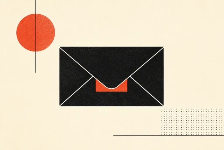Flat editorial illustration: a sealed black envelope with a small red-orange paper tab poking out under the flap.