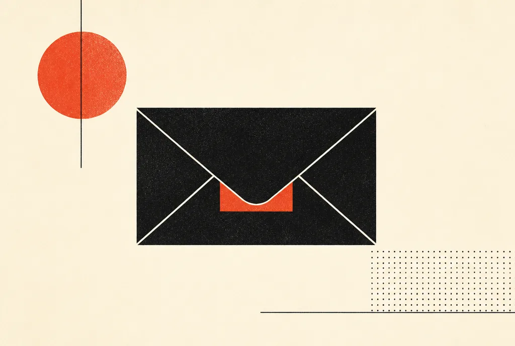 Why most P.S. lines get wasted, and what yours should do instead Flat editorial illustration: a sealed black envelope with a small red-orange paper tab poking out under the flap.