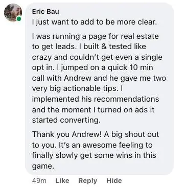 Eric Bau's comment about his real estate page converting