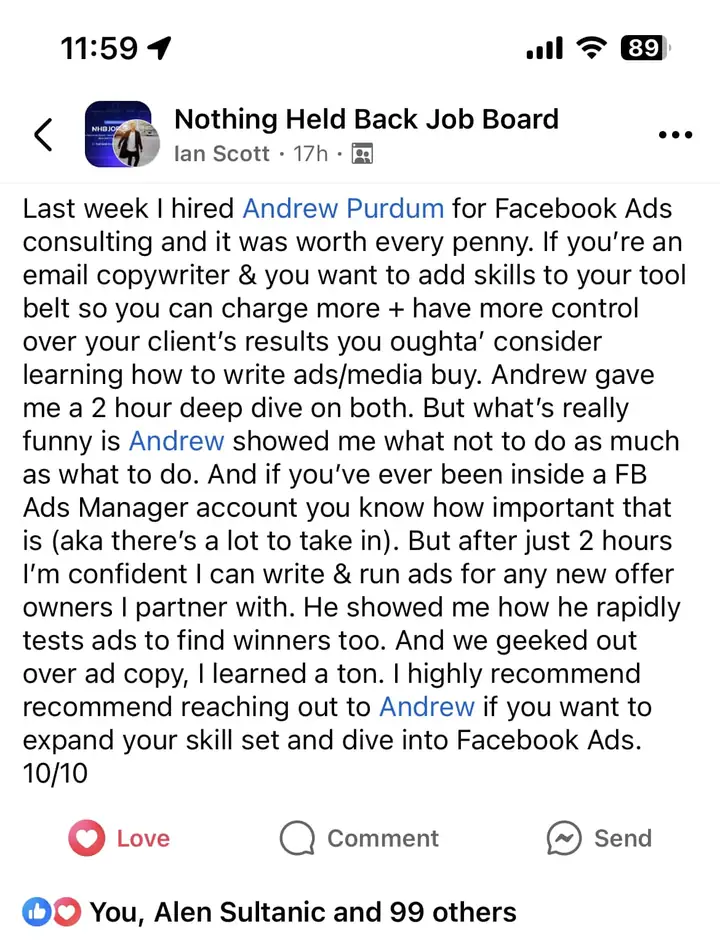 Ian Scott's post about hiring Andrew for consulting