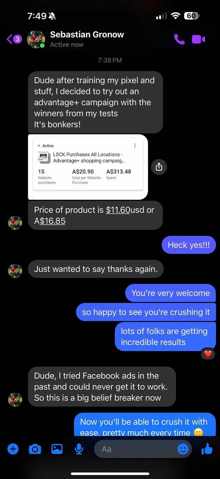 Messages from Sebastian Gronow about his Advantage+ campaign