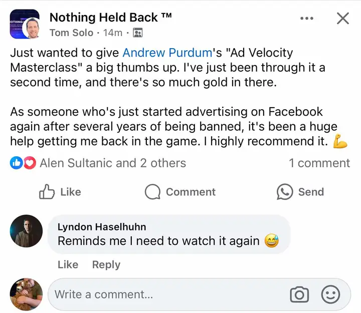 Tom Solo's post recommending the Ad Velocity Masterclass